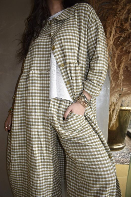 Annie Gingham Peter Pan Frock Coat Olive